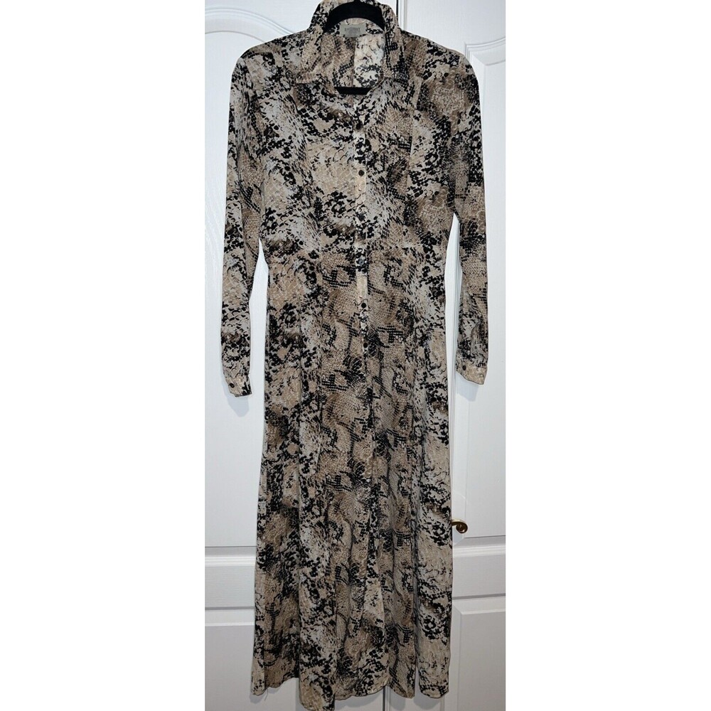 Passport Women Dress Midi Snakeskin Button Small Lined Buttons Sheer Long Sleeve